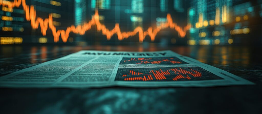 Close-up of a newspaper headline about recession, with stock market charts showing a downward trend in the background. Blurred financial office with digital screens displaying economic data. Close-up shot, eye-level angle, natural light. Focus on the newspaper and charts.